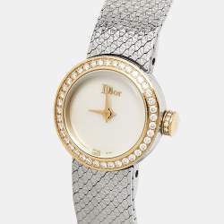 Pre Owned Dior Mother Of Pearl Diamond 18K Yellow Gold Stainless Steel La Mini D Dior Satine CD040120M003 Women's Wristwatch 19 mm