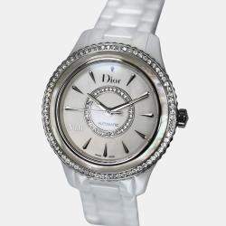Pre Owned Christian Dior VIII Montaigne CD1245E9C001 Quartz White Diamond Mother of Pearl Ceramic Women's Wristwatch 39 mm