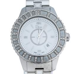 Pre Owned Dior White Stainless Steel Diamonds Christal CD113112-V Women's Wristwatch 33 mm