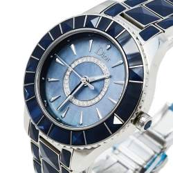 Pre Owned Dior Blue Mother Of Pearl Stainless Steel Christal CD143117 Women's Wristwatch 33 mm