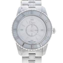 Pre Owned Dior White Stainless Steel Christal CD112112 Women's Wristwatch 28.5 mm