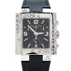 Christian Dior Black Stainless Steel Leather Diamond Riva D81-101 Women's Wristwatch 31mm