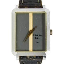 Pre Owned Christian Dior Grey Stainless Steel Leather Vintage 22699 Women's Wristwatch 22 mm