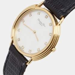 Pre Owned Christian Dior Mother Of Pearl Gold Plated Stainless Steel Lizard Leather Diamond D59-121-2 Women's Wristwatch 32 mm