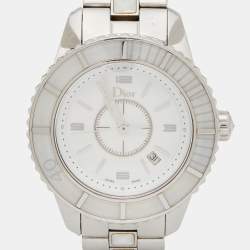 Pre Owned Dior White Stainless Steel Christal CD113111 Women's Wristwatch 33 mm