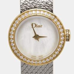 Dior Mother Of Pearl Diamond 18K Yellow Gold Stainless Steel La Mini D Dior Satine CD040120M003 Women's Wristwatch 19 mm