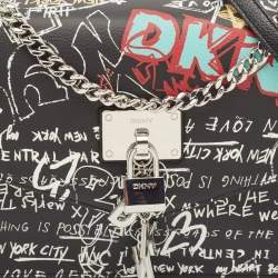 Pre Owned Dkny Black Graffiti Print Leather Elissa Chain Shoulder Bag