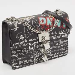 Pre Owned Dkny Black Graffiti Print Leather Elissa Chain Shoulder Bag