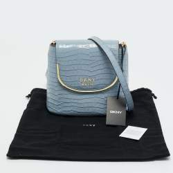 Pre Owned DKNY Light Blue Croc Embossed Leather Faith Flap Bucket Bag