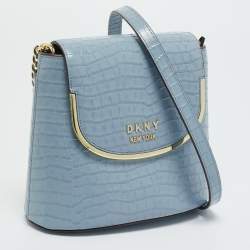 Pre Owned DKNY Light Blue Croc Embossed Leather Faith Flap Bucket Bag