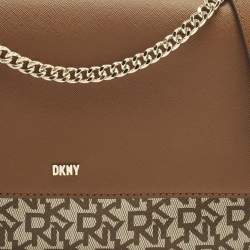 Pre Owned DKNY Bryant Park Medium Brown/Beige Signature Faux Leather Flap Shoulder Bag