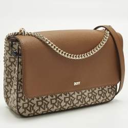 Pre Owned DKNY Bryant Park Medium Brown/Beige Signature Faux Leather Flap Shoulder Bag