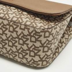 Pre Owned DKNY Bryant Park Medium Brown/Beige Signature Faux Leather Flap Shoulder Bag