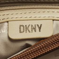 Pre Owned DKNY Bryant Park Medium Brown/Beige Signature Faux Leather Flap Shoulder Bag
