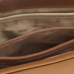 Pre Owned DKNY Bryant Park Medium Brown/Beige Signature Faux Leather Flap Shoulder Bag