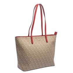 Pre Owned Dkny Beige/Red Signature Coated Canvas and Leather Large Bryant Tote