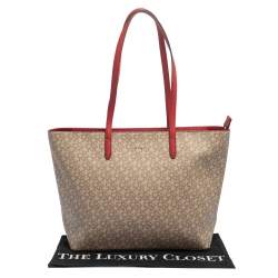 Pre Owned Dkny Beige/Red Signature Coated Canvas and Leather Large Bryant Tote