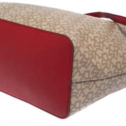 Pre Owned Dkny Beige/Red Signature Coated Canvas and Leather Large Bryant Tote