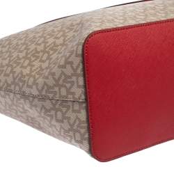 Pre Owned Dkny Beige/Red Signature Coated Canvas and Leather Large Bryant Tote
