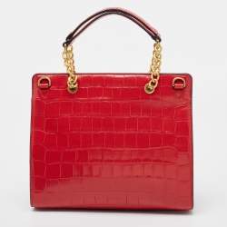 Pre Owned DKNY Red Croc Embossed Leather Cooper Top Handle Bag