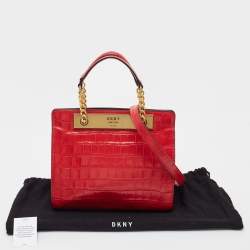 Pre Owned DKNY Red Croc Embossed Leather Cooper Top Handle Bag