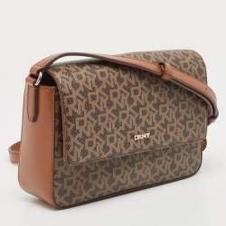 Pre Owned DKNY Two Tone Brown Signature Coated Canvas Bryant Park Flap Crossbody Bag