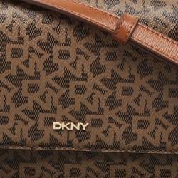 Pre Owned DKNY Two Tone Brown Signature Coated Canvas Bryant Park Flap Crossbody Bag