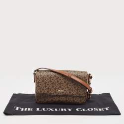 Pre Owned DKNY Two Tone Brown Signature Coated Canvas Bryant Park Flap Crossbody Bag