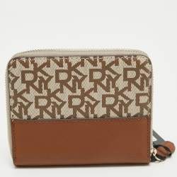 Pre Owned DKNY Beige/Brown Signature Coated Canvas and Leather Vela Zip Around Wallet