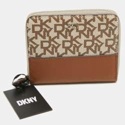 Pre Owned DKNY Beige/Brown Signature Coated Canvas and Leather Vela Zip Around Wallet