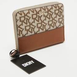 Pre Owned DKNY Beige/Brown Signature Coated Canvas and Leather Vela Zip Around Wallet