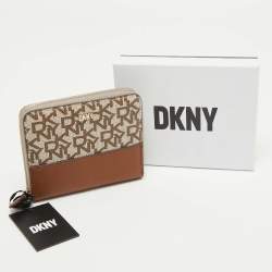 Pre Owned DKNY Beige/Brown Signature Coated Canvas and Leather Vela Zip Around Wallet