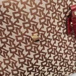 Pre Owned DKNY Burgundy/Beige Monogram Canvas and Croc Embossed Leather Turnlock Flap Tote