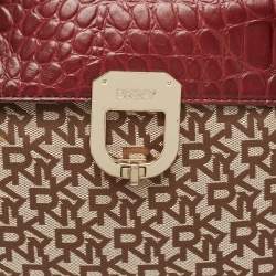 Pre Owned DKNY Burgundy/Beige Monogram Canvas and Croc Embossed Leather Turnlock Flap Tote