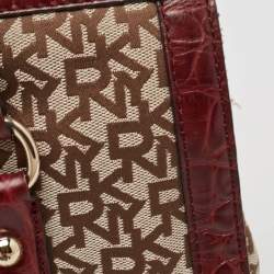 Pre Owned DKNY Burgundy/Beige Monogram Canvas and Croc Embossed Leather Turnlock Flap Tote