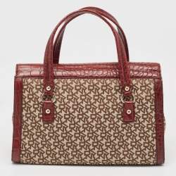 Pre Owned DKNY Burgundy/Beige Monogram Canvas and Croc Embossed Leather Turnlock Flap Tote