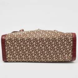 Pre Owned DKNY Burgundy/Beige Monogram Canvas and Croc Embossed Leather Turnlock Flap Tote