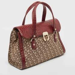 Pre Owned DKNY Burgundy/Beige Monogram Canvas and Croc Embossed Leather Turnlock Flap Tote