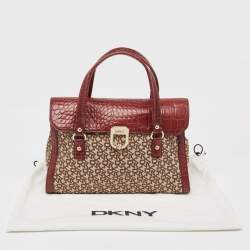 Pre Owned DKNY Burgundy/Beige Monogram Canvas and Croc Embossed Leather Turnlock Flap Tote