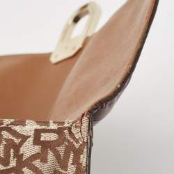 Pre Owned DKNY Burgundy/Beige Monogram Canvas and Croc Embossed Leather Turnlock Flap Tote