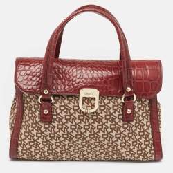 Pre Owned DKNY Burgundy/Beige Monogram Canvas and Croc Embossed Leather Turnlock Flap Tote