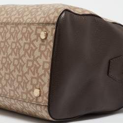 Pre Owned DKNY Brown/Beige Monogram Coated Canvas and Leather Lock Charm Boston Bag