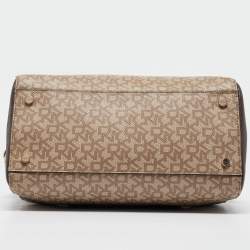 Pre Owned DKNY Brown/Beige Monogram Coated Canvas and Leather Lock Charm Boston Bag