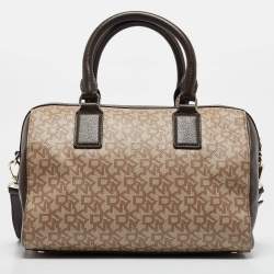 Pre Owned DKNY Brown/Beige Monogram Coated Canvas and Leather Lock Charm Boston Bag