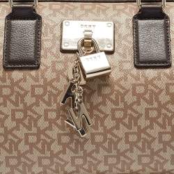 Pre Owned DKNY Brown/Beige Monogram Coated Canvas and Leather Lock Charm Boston Bag