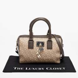 Pre Owned DKNY Brown/Beige Monogram Coated Canvas and Leather Lock Charm Boston Bag