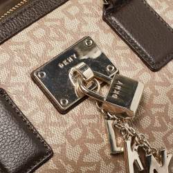Pre Owned DKNY Brown/Beige Monogram Coated Canvas and Leather Lock Charm Boston Bag
