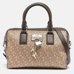 Pre Owned DKNY Brown/Beige Monogram Coated Canvas and Leather Lock Charm Boston Bag