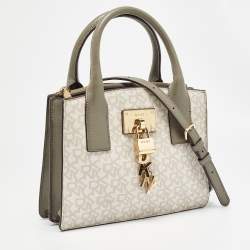 DKNY Grey/Beige Signature Coated Canvas and Leather Padlock Charm Tote