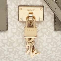 DKNY Grey/Beige Signature Coated Canvas and Leather Padlock Charm Tote